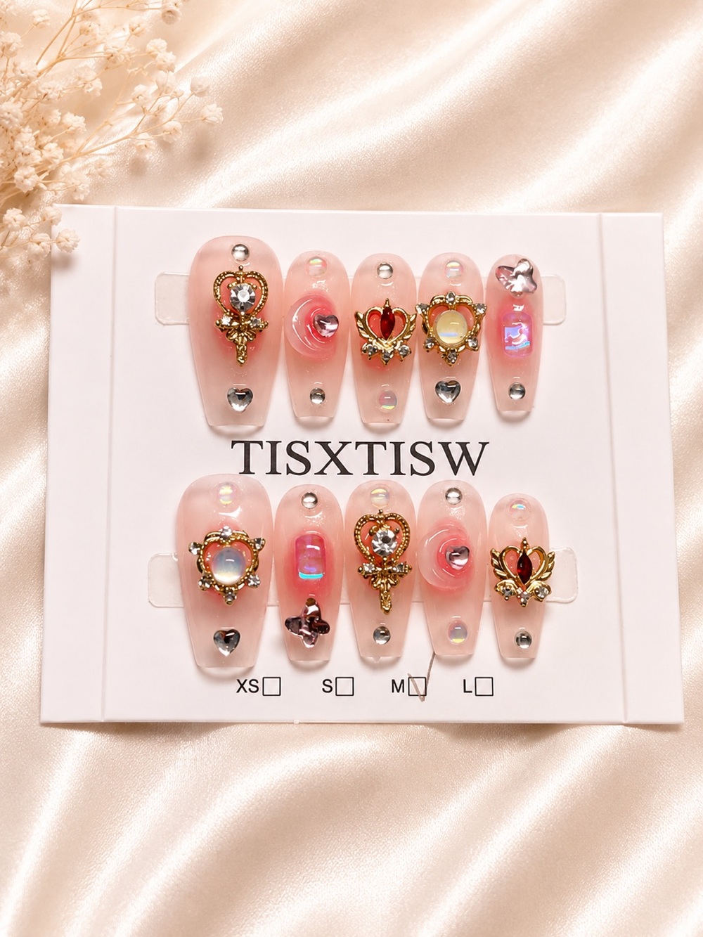 Pink Jeweled Press-On Nail Set with Gold Accents size medium